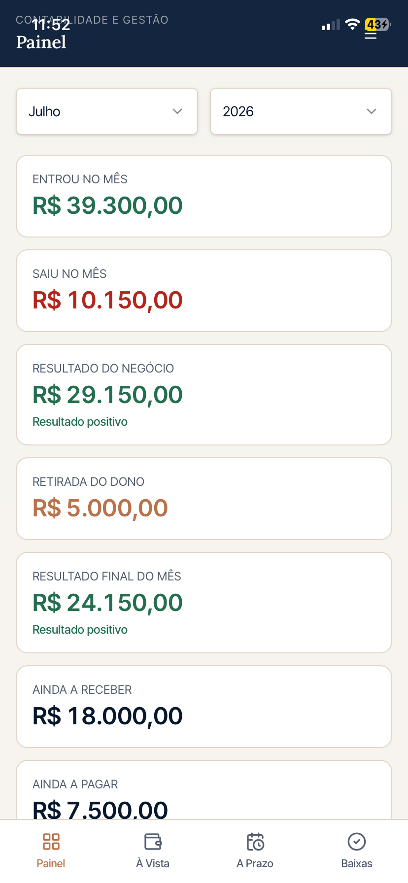 Painel financeiro do App Conplena